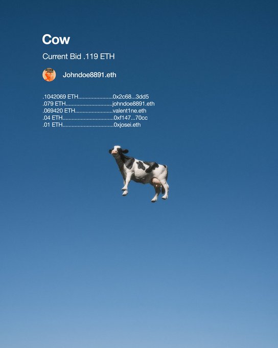 An NFT auction listing titled 'Cow' with a current bid of .119 ETH by Johndoe8891.eth, showing a black and white cow floating against a blue sky, alongside a list of previous bids.