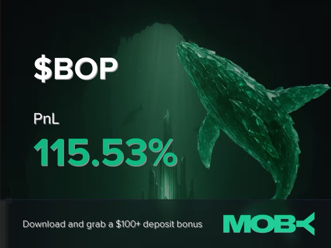 This image showcases a successful trade of $BOP on Moby with a PnL of 115.53%, highlighted by an artistic whale and the Moby logo. The visual of a whale often symbolizes a large profit in trading, directly correlating with the win alert.