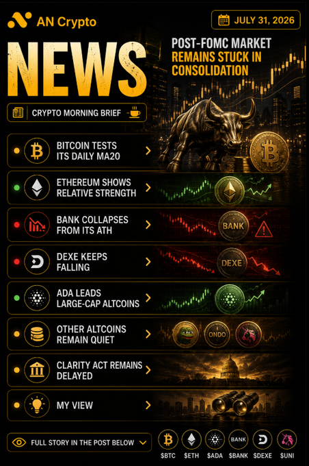 An 'AN Crypto News' daily morning brief dated July 31, 2026, with headlines about Bitcoin testing MA20, Ethereum showing strength, ADA leading altcoins, and DEXe falling, alongside tickers $BTC, $ETH, $ADA, $BANK, $DEXE, $UNI.