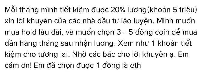The image features a white text box with black text written in Vietnamese, which appears to be an article or blog post. The content of the post seems to be about cryptocurrency, as indicated by the reference to Bitcoin and other coins. The post is titled "Lời khuyên của mình dành cho Portfolio của mùa này tùy đánh giá mỗi người.". The post is written in English, which might be the target audience or intended language of the original author.