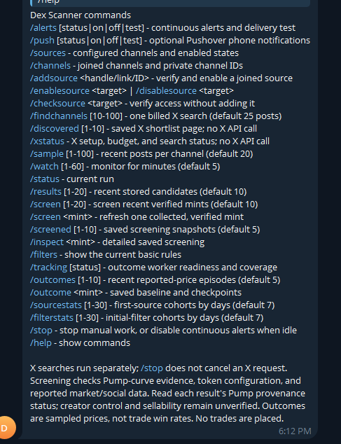 A Discord message displays "Dex Scanner commands" listing various slash commands like /alerts, /push, /sources, /findchannels, /discovered, and others with their parameters and descriptions.