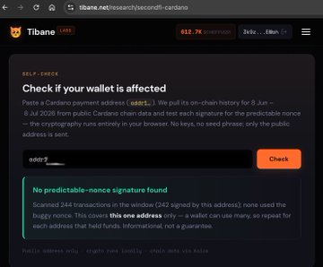 The image shows a Tibane self-check tool page at tibane.net/research/seconft-cardano, where the user has entered their Cardano address and received a "No predictable-nonce signature found" result after scanning 244 transactions. The caption relates to the post by demonstrating the check tool used to verify if a Cardano address was compromised during the SecondFi incident.