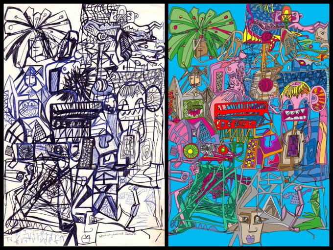 A split-panel artwork comparing a black and white ink drawing of a chaotic, scribbled scene with its fully colored version filled with bright neon hues and cartoonish figures.
