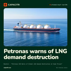 Capacity news graphic showing an LNG tanker ship on the ocean with the headline 'Petronas warns of LNG demand destruction' and a subheading about Petronas CEO fearing global LNG demand destruction at high prices.