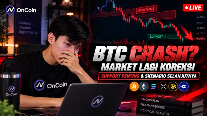 A YouTube thumbnail for 'OnCoin' showing a man looking concerned at a laptop, with text 'BTC CRASH? MARKET LAGI KOREKSI' and 'SUPPORT PENTING & SKENARIO SELANJUTNYA' alongside a chart showing resistance and support levels.