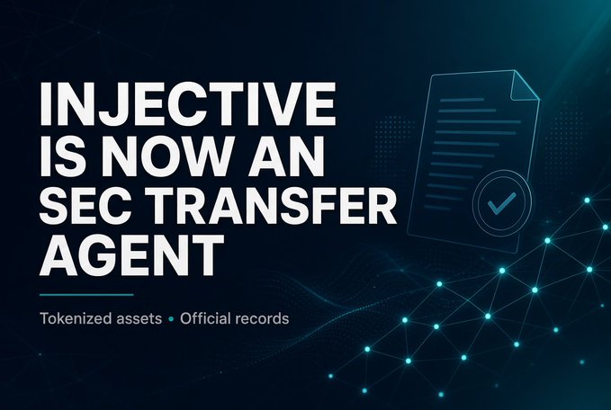 A dark blue promotional graphic with bold white text announcing 'INJECTIVE IS NOW AN SEC TRANSFER AGENT', subtitled 'Tokenized assets • Official records', featuring a stylized document icon.