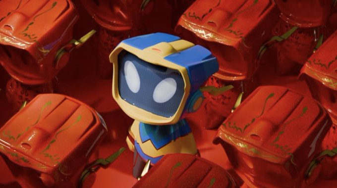 A small cartoon-like robot with glowing white eyes and a blue and yellow helmet stands surrounded by rows of red and yellow mechanical crates, visually representing the digital assets of the "Original Blokyz" NFT project that raised $64M through its raffle.