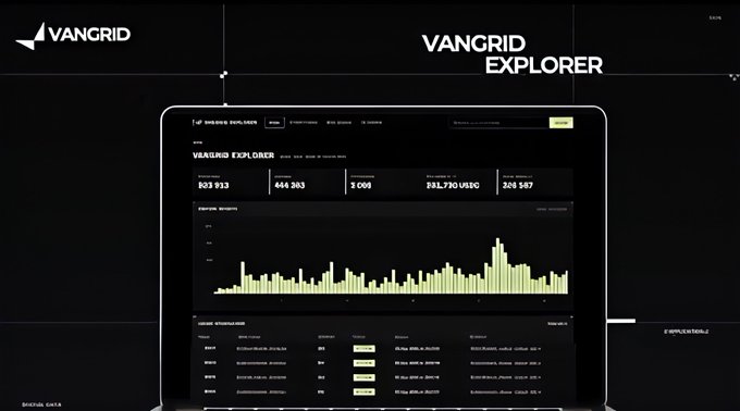 A promotional graphic for 'VANGRID EXPLORER' showing a laptop displaying analytics dashboard with stats like 803,913 and 231,710 USDC.