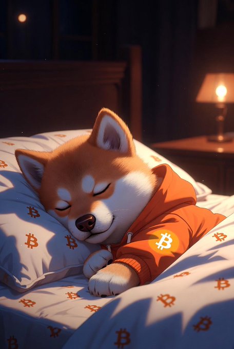 The image features a cute Shiba Inu dog sleeping peacefully on an orange blanket, with its head resting on a pillow. The background of the image shows a bed with a white comforter adorned with Bitcoin symbols. The caption at the bottom of the image reads "Good night $dog Good night bitcoin. Good night free and fair."