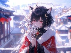 An anime illustration of a cat-eared girl in a red and white outfit holding a bouquet of small flowers, set against a traditional Asian cityscape background.