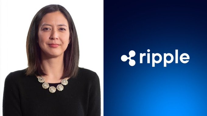 A woman with shoulder-length brown hair wearing a black top and statement necklace is pictured next to the Ripple logo, accompanying news that Ripple is enabling institutions to borrow against tokenized real-world assets worth over $30 trillion directly on-chain.