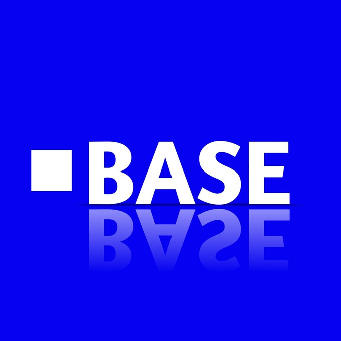 The image shows the Base logo, a white square and the word "BASE" in bold white letters on a solid blue background with a mirror reflection effect.