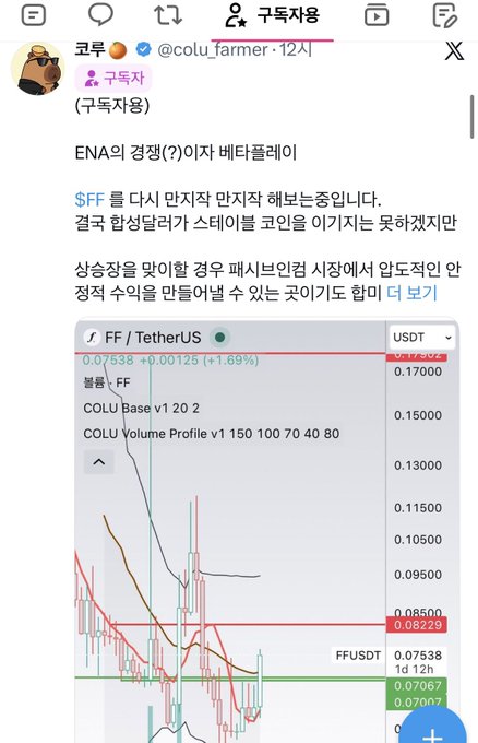 A Korean Twitter/X post from '코루' (@colu_farmer) with the caption 'ENA의 경쟁(?)이자 베타플레이' discussing $FF, featuring a candlestick chart of FF/TetherUS trading pair showing price around 0.07538.