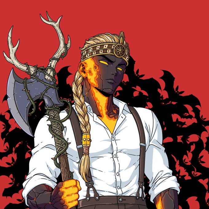 A vibrant character illustration of a fantasy figure with blonde braided hair, a glowing crown, molten lava-like skin on the face and hand, holding an ornate axe weapon against a red background with black silhouettes.