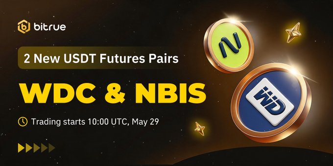 The image features a poster for Bitrue's new USDT Futures Pairs. The poster includes two coins, one gold and one blue, with stars around them. The text on the poster announces that "New USDT Futures Pairs" will be launched in May 29th at 10:00 UTCT.