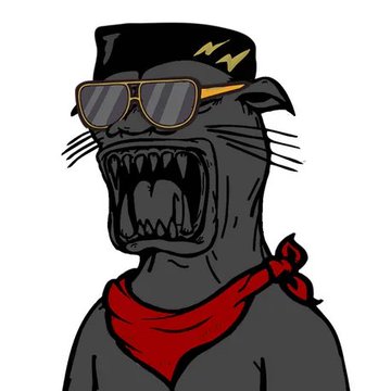 A digital illustration depicts a snarling black panther wearing aviator sunglasses and a red bandana against a white background.