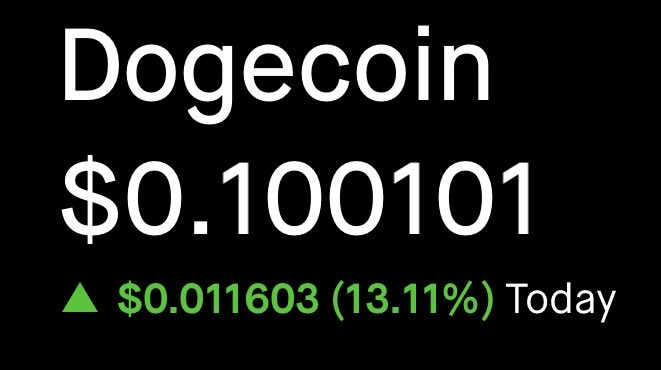 A black screen displays Dogecoin's price at $0.100101, showing a green increase of $0.011603 (13.11%) for the day.