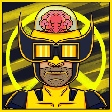 A stylized digital illustration of a superhero character, resembling Wolverine, wearing a yellow and black costume with a transparent dome revealing a visible brain inside his head.