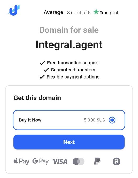 A domain sale webpage for Integral.agent listed for $5,000 US with features like free transaction support and flexible payment options, alongside Trustpilot ratings.