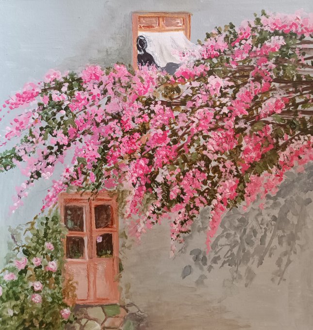 A painting of pink bougainvillea flowers cascading over a weathered gray wall with a brown wooden door and window.