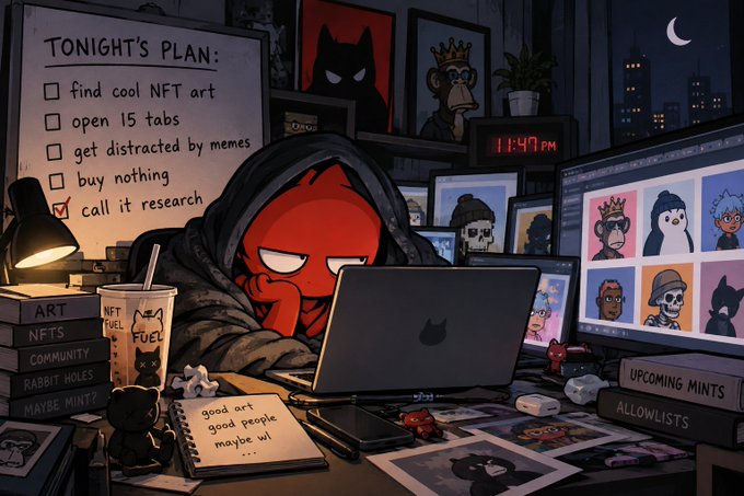 An illustration shows a red hooded figure at a laptop with a 'Tonight's Plan' whiteboard listing tasks like 'find cool NFT art' and 'call it research,' surrounded by NFT-themed books and a monitor displaying NFT character portraits.