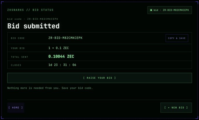 A ZKSNARKS bid status screen confirming 'Bid submitted' with code ZR-BID-M82CMKCEPK, showing a total of 0.10044 ZEC sent and a countdown timer.