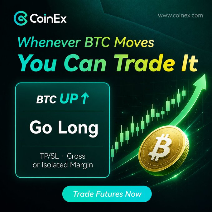 A CoinEx advertisement reading 'Whenever BTC Moves You Can Trade It' and 'BTC UP Go Long' with a 'Trade Futures Now' button next to an image of a gold Bitcoin coin and a green upward arrow chart.