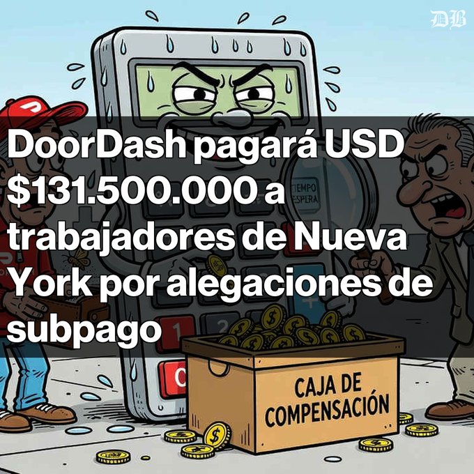 A Spanish-language cartoon illustration showing an angry sweating calculator and angry delivery worker characters next to a box labeled 'CAJA DE COMPENSACIÓN' filled with money, with text announcing 'DoorDash pagará USD $131.500.000 a trabajadores de Nueva York por alegaciones de subpago.'