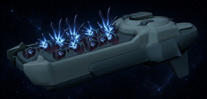 A digital rendering of a gray spaceship in space, featuring a row of glowing blue spiky protrusions along its top surface.