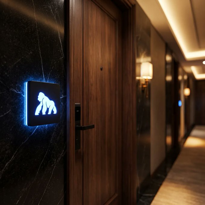A hotel corridor with dark marble walls and wooden doors, featuring a glowing blue illuminated sign displaying a gorilla silhouette on the wall.