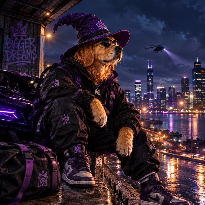An AI-generated image depicts a golden retriever dressed in purple wizard attire with a hat and sunglasses, sitting on a ledge overlooking a nighttime cityscape with a helicopter in the background and graffiti reading 'BIGGER DREAMS' on a wall.