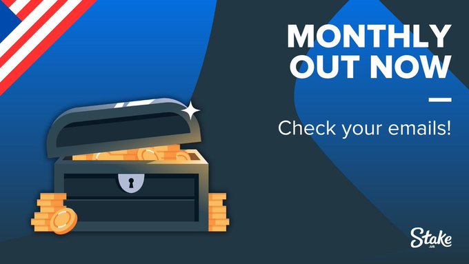 A promotional graphic featuring a treasure chest overflowing with gold coins, with the text "MONTHLY OUT NOW - Check your emails!" and the Stake.us logo, announcing the release of a monthly bonus for players.