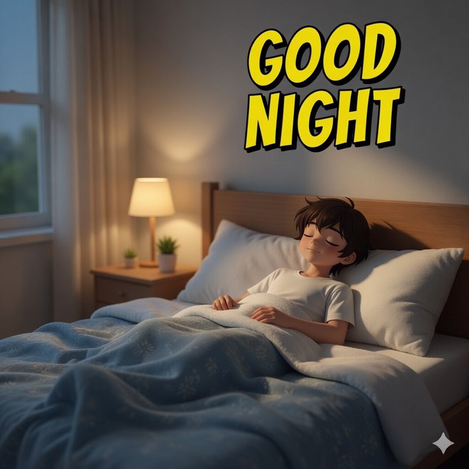 A digital illustration of a young boy sleeping peacefully in bed under a blanket with a lamp and window nearby, overlaid with large yellow text reading 'GOOD NIGHT' and a small sparkle icon.