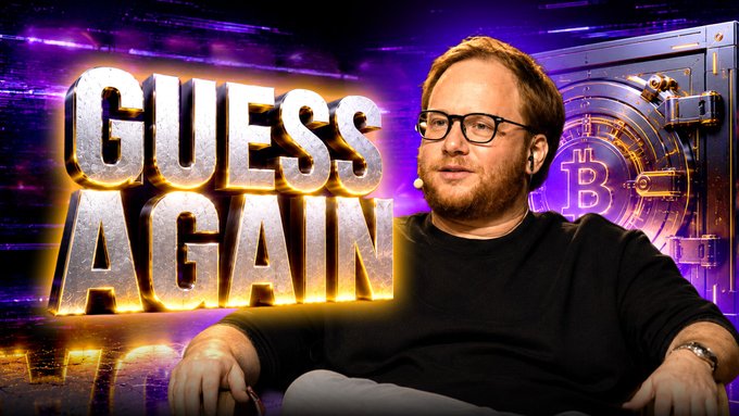 A promotional image shows a man wearing glasses and a black sweater sitting next to large metallic text reading "GUESS AGAIN," with a Bitcoin vault graphic in the background.