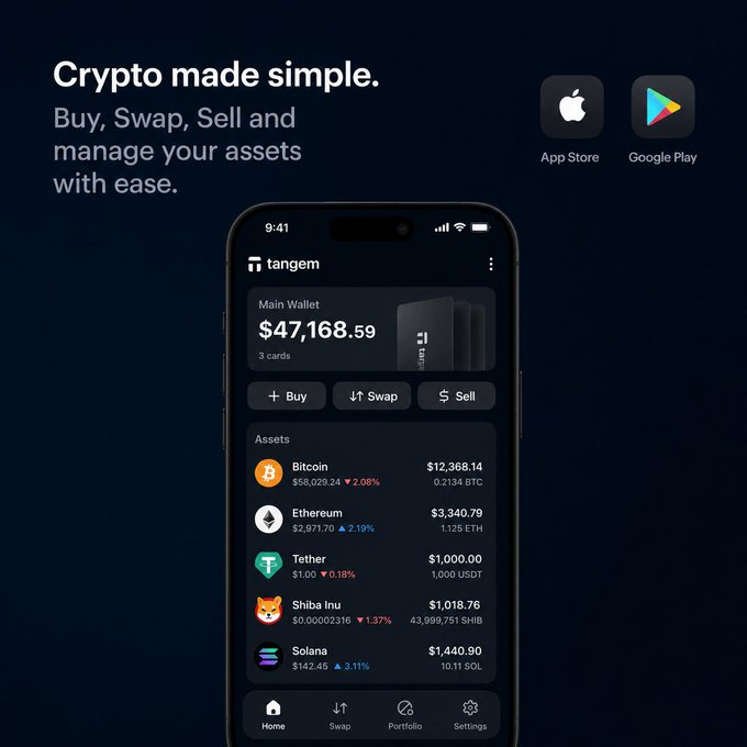 A promotional advertisement for the 'Tangem' cryptocurrency app showing 'Crypto made simple' with a phone mockup displaying a Main Wallet balance of $47,168.59 and various assets including Bitcoin ($12,368.14), Ethereum ($3,340.79), Tether, Shiba Inu, and Solana, with App Store and Google Play download icons.
