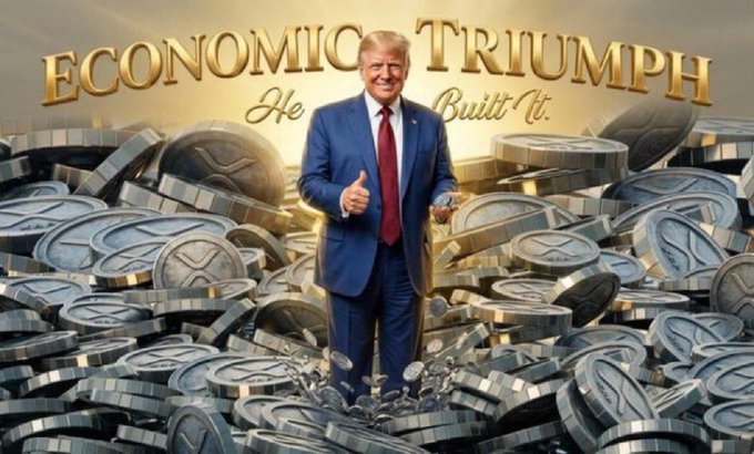 An AI-generated image of Donald Trump giving a thumbs-up in a blue suit, surrounded by XRP coins, with the text 'ECONOMIC TRIUMPH He Built It.'