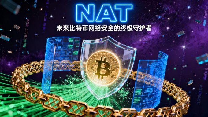 A promotional graphic for 'NAT' featuring a golden Bitcoin coin on a shield, surrounded by chains and digital elements, with Chinese text reading '未来比特币网络安全的终极守护者' (The ultimate guardian of Bitcoin network security in the future).