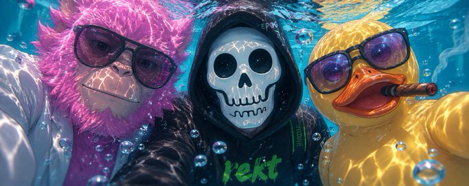 An underwater-themed artwork featuring three characters: a pink furry figure with sunglasses, a hooded skeleton with 'rekt' text, and a yellow duck with sunglasses and a cigar.