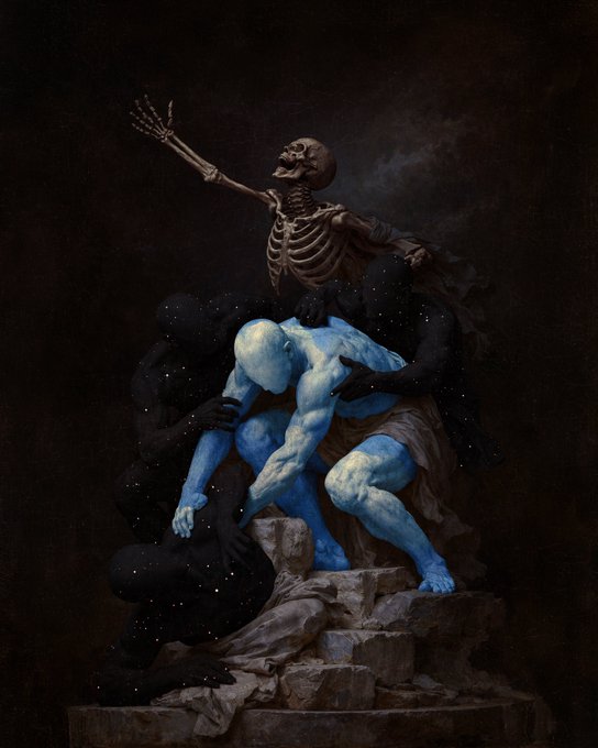 A dark fantasy digital painting depicting a blue-skinned muscular figure crouched on stone steps, being grabbed by shadowy figures, with a skeleton raising its arm from above against a starry black background.