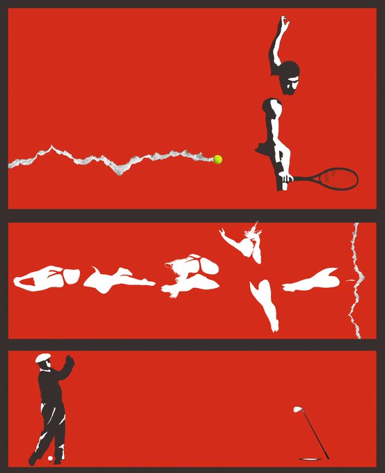 A three-panel red graphic showing stylized silhouettes of tennis players and the word 'CREATIVE' fragmented across the panels.