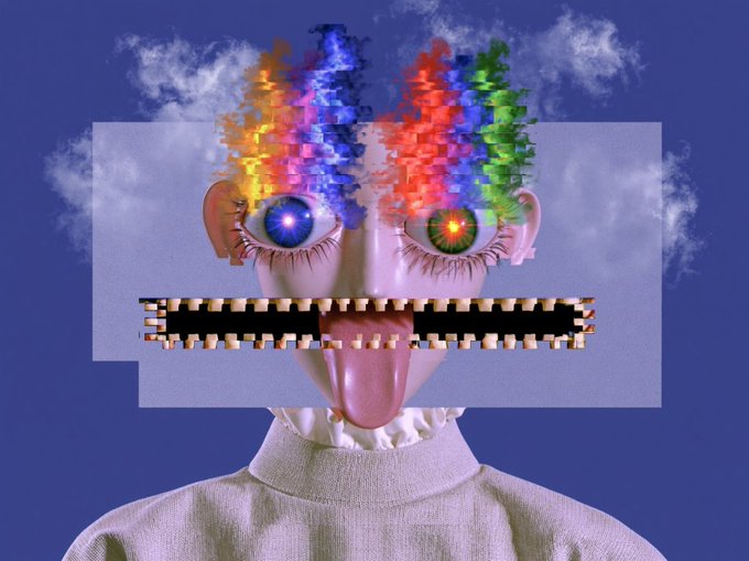 A surreal collage of a figure with a torn face revealing large eyes, a tongue, and colorful pixelated patterns emerging from the top against a blue background.