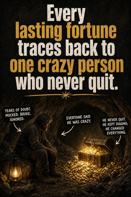 A motivational poster reads 'Every lasting fortune traces back to one crazy person who never quit' with annotations describing 'Years of doubt, mocked, broke, ignored', 'Everyone said he was crazy', and 'He never quit. He kept digging. He changed everything.' around a man discovering a treasure chest.