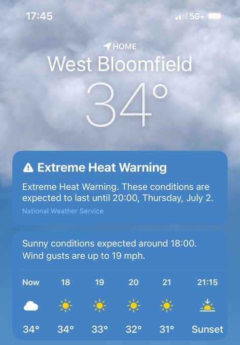 iPhone weather app showing 34° in West Bloomfield with an Extreme Heat Warning from the National Weather Service lasting until 20:00 Thursday, July 2, and sunny conditions expected with wind gusts up to 19 mph.