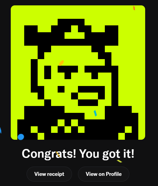 A pixelated green character with a crown is displayed on a screen with the text "Congrats! You got it!" and buttons to "View receipt" and "View on Profile," celebrating a successful NFT purchase on the @OnChainHoodies marketplace, where the rh project is highlighted as an undervalued early launch with strong community support.