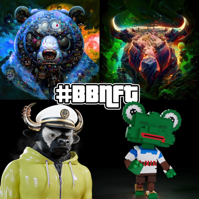 The image features three different 3D models of cartoon animals, including a bear wearing a yellow jacket with horns, a frog wearing a blue shirt, and a bull with horns. The background of each animal's face is black, making them stand out against the white text that reads "BBNFT". Below this, there are two lines of text: one reading "#BBNFT" and another saying "@bearandbullnft from @cryptoequip Over 3 years of rewarding holders and it' s just been announced that #BBNFT is going to get a revamp in 3 weeks time You really don't want to miss this".
