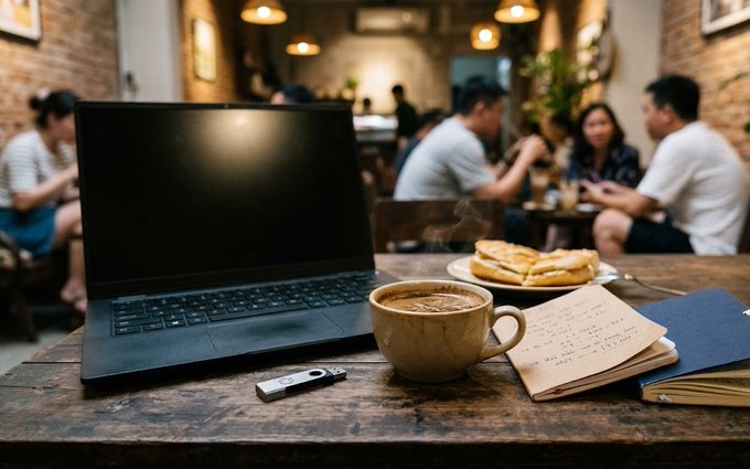 A laptop, cappuccino, toasted sandwich, USB drive, and handwritten notes sit on a wooden table in a bustling cafe with patrons chatting in the background.