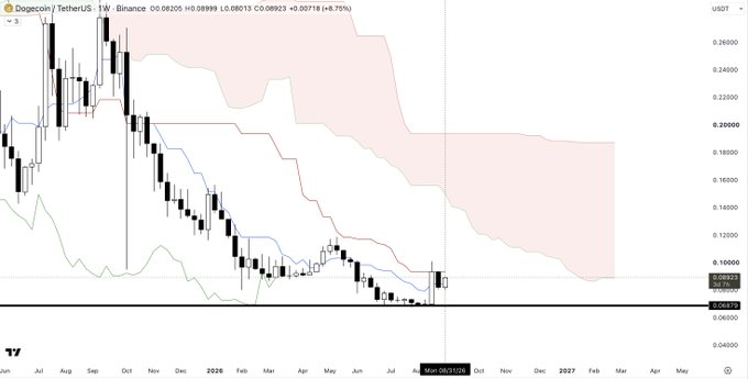 A weekly candlestick chart of Dogecoin/TetherUS (DOGEUSDT) on Binance shows the price at $0.08205 (+8.75%), having bounced off the weekly pivot support near $0.06281 (marked by a thick black horizontal line) and now starting a new weekly and monthly cycle, consistent with the post's commentary on a bullish reversal from the WP Support.