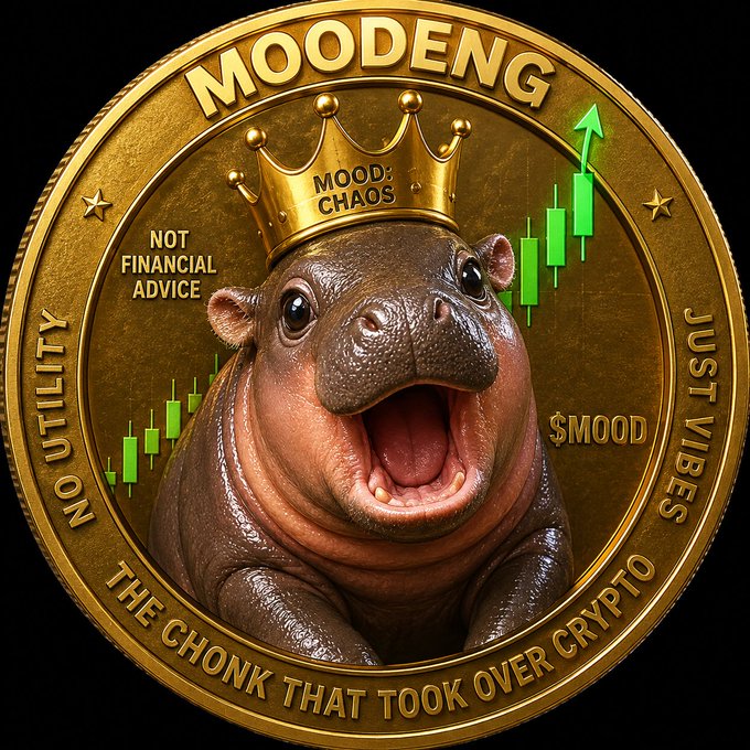 A gold commemorative coin featuring a crowned hippopotamus with "MOODENG" inscribed, along with "MOOD: CHAOS," "NOT FINANCIAL ADVICE," "JUST VIBES," and "THE CHONK THAT TOOK OVER CRYPTO," flanked by green candlestick chart arrows.