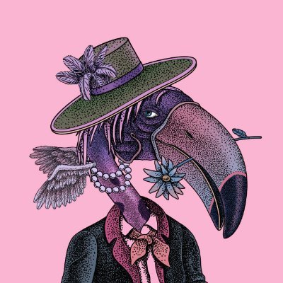 The image features a cartoon illustration of a bird wearing a hat with a feathery top and a bowtie. The bird has a flower in its beak and appears to be dressed as a man, possibly a gentleman or a woman. The artist's reputation is high, and there are limited supplies available for the creation of this unique piece of art. The post suggests that the WL mint will be distributed soon, which means it might be worth investing in due to its transparency and reasonable fees.