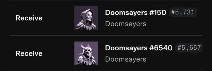 A digital inventory or NFT marketplace listing showing two items from the 'Doomsayers' collection: Doomslayers #150 and Doomslayers #6540, both with a 'Receive' option.